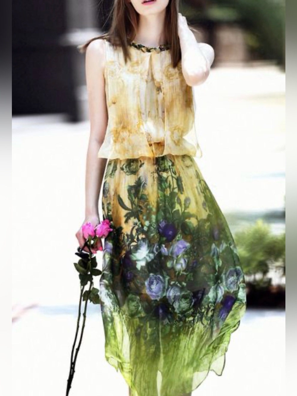 Queen Floral Ombre Sleeveless Midi Silk Dress Yellow to Green with slip medium